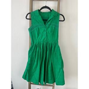 Midi Green Embroidered Teaparty Button Collared Textured Tank Dress Womens S/M
